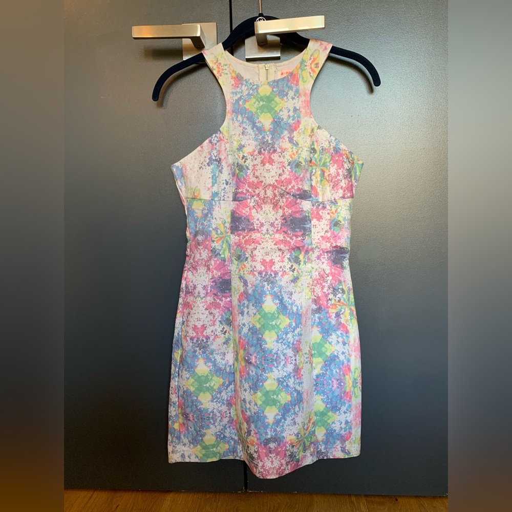 Kaleidoscopic multi-color mini dress with cutout design